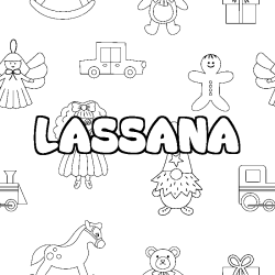 Coloriage pr&eacute;nom LASSANA - d&eacute;cor Jouets