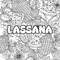 Coloriage pr&eacute;nom LASSANA - d&eacute;cor Mandala fruits
