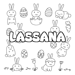 Coloriage pr&eacute;nom LASSANA - d&eacute;cor Paques