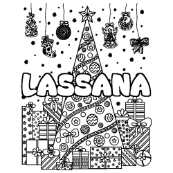 Coloriage prénom LASSANA - décor Sapin et Cadeaux