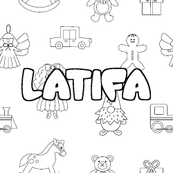Coloriage pr&eacute;nom LATIFA - d&eacute;cor Jouets