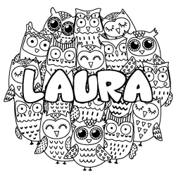Coloriage prénom LAURA - décor Chouettes