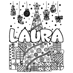 Coloriage prénom LAURA - décor Sapin et Cadeaux