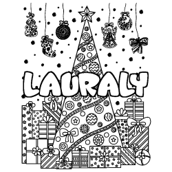 Coloriage prénom LAURALY - décor Sapin et Cadeaux