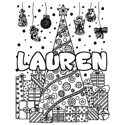 Coloriage prénom LAUREN - décor Sapin et Cadeaux