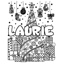 Coloriage prénom LAURIE - décor Sapin et Cadeaux