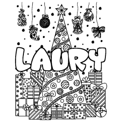 Coloriage prénom LAURY - décor Sapin et Cadeaux