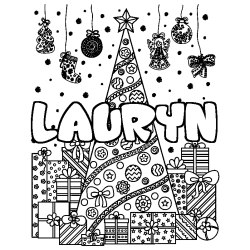 Coloriage pr&eacute;nom LAURYN - d&eacute;cor Sapin et Cadeaux