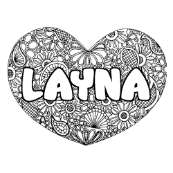 Coloriage pr&eacute;nom LAYNA - d&eacute;cor Mandala coeur