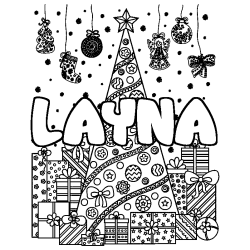 Coloriage prénom LAYNA - décor Sapin et Cadeaux