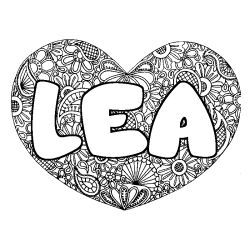 Coloriage pr&eacute;nom LEA - d&eacute;cor Mandala coeur