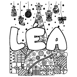 Coloriage pr&eacute;nom L&Eacute;A - d&eacute;cor Sapin et Cadeaux