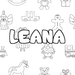 Coloriage pr&eacute;nom LEANA - d&eacute;cor Jouets