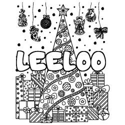 Coloriage prénom LEELOO - décor Sapin et Cadeaux
