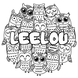 Coloriage pr&eacute;nom LEELOU - d&eacute;cor Chouettes