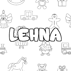 Coloriage pr&eacute;nom LEHNA - d&eacute;cor Jouets