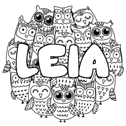 Coloriage pr&eacute;nom LEIA - d&eacute;cor Chouettes