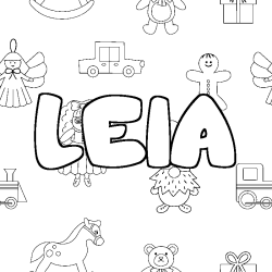 Coloriage pr&eacute;nom LEIA - d&eacute;cor Jouets