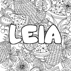 Coloriage pr&eacute;nom LEIA - d&eacute;cor Mandala fruits