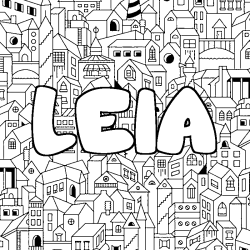 Coloriage pr&eacute;nom LEIA - d&eacute;cor Ville