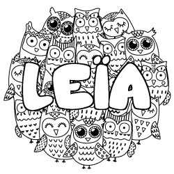 Coloriage pr&eacute;nom LE&Iuml;A - d&eacute;cor Chouettes