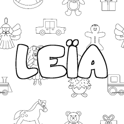 Coloriage pr&eacute;nom LE&Iuml;A - d&eacute;cor Jouets