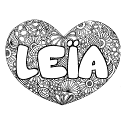 Coloriage pr&eacute;nom LE&Iuml;A - d&eacute;cor Mandala coeur