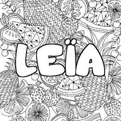 Coloriage pr&eacute;nom LE&Iuml;A - d&eacute;cor Mandala fruits