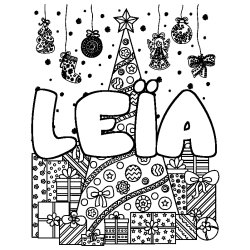 Coloriage pr&eacute;nom LE&Iuml;A - d&eacute;cor Sapin et Cadeaux