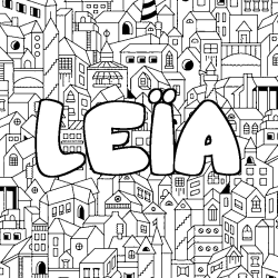 Coloriage pr&eacute;nom LE&Iuml;A - d&eacute;cor Ville