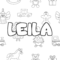 Coloriage prénom LEILA - décor Jouets