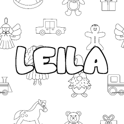 Coloriage pr&eacute;nom LEILA - d&eacute;cor Jouets
