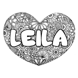 Coloriage pr&eacute;nom LEILA - d&eacute;cor Mandala coeur