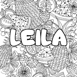 Coloriage prénom LEILA - décor Mandala fruits