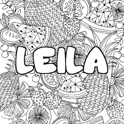 Coloriage pr&eacute;nom LEILA - d&eacute;cor Mandala fruits