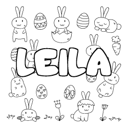 Coloriage pr&eacute;nom LEILA - d&eacute;cor Paques