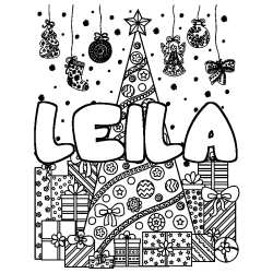 Coloriage pr&eacute;nom LEILA - d&eacute;cor Sapin et Cadeaux