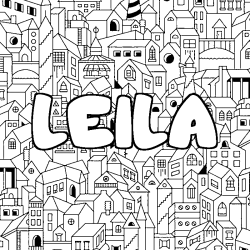 Coloriage pr&eacute;nom LEILA - d&eacute;cor Ville