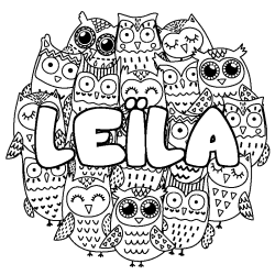Coloriage pr&eacute;nom LE&Iuml;LA - d&eacute;cor Chouettes