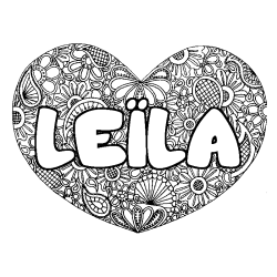 Coloriage pr&eacute;nom LE&Iuml;LA - d&eacute;cor Mandala coeur