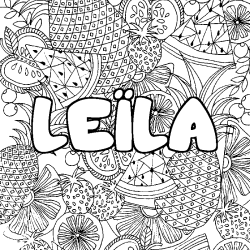 Coloriage pr&eacute;nom LE&Iuml;LA - d&eacute;cor Mandala fruits