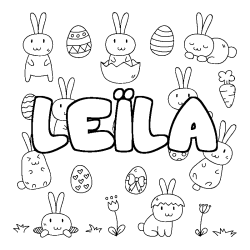 Coloriage pr&eacute;nom LE&Iuml;LA - d&eacute;cor Paques