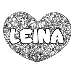 Coloriage pr&eacute;nom LEINA - d&eacute;cor Mandala coeur