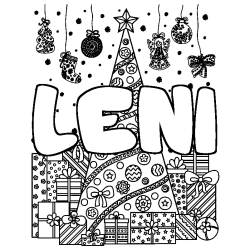 Coloriage prénom LENI - décor Sapin et Cadeaux