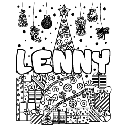 Coloriage prénom LENNY - décor Sapin et Cadeaux