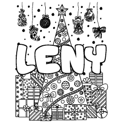 Coloriage pr&eacute;nom LENY - d&eacute;cor Sapin et Cadeaux