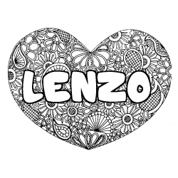 Coloriage prénom LENZO - décor Mandala coeur