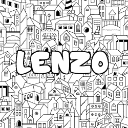 Coloriage pr&eacute;nom LENZO - d&eacute;cor Ville