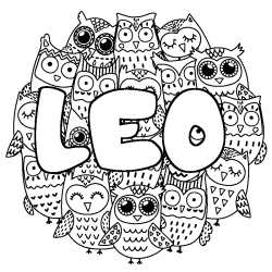 Coloriage pr&eacute;nom LEO - d&eacute;cor Chouettes