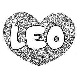 Coloriage pr&eacute;nom LEO - d&eacute;cor Mandala coeur